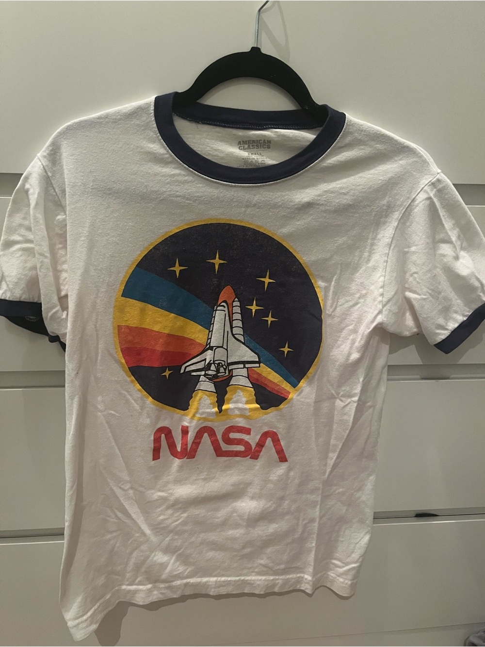NASA White Ringer Tee with Rocket Graphic